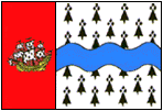 With regard to the flag of Country-of-Nantes, the idea was to leave the old blazon of the County of Nantes, of hermines to the head of mouth.  The head here is replaced by a stake with guiding (vertical tape).  In the leaf a fasce (horizontal tape) appears heavy shower light blue, symbolizing the Loire.  Hermines in top and bottom reppelle that Country of Nantes east as well Breton in north as in the south.  This blazon was created year 1997 per Philippe Rault. 
